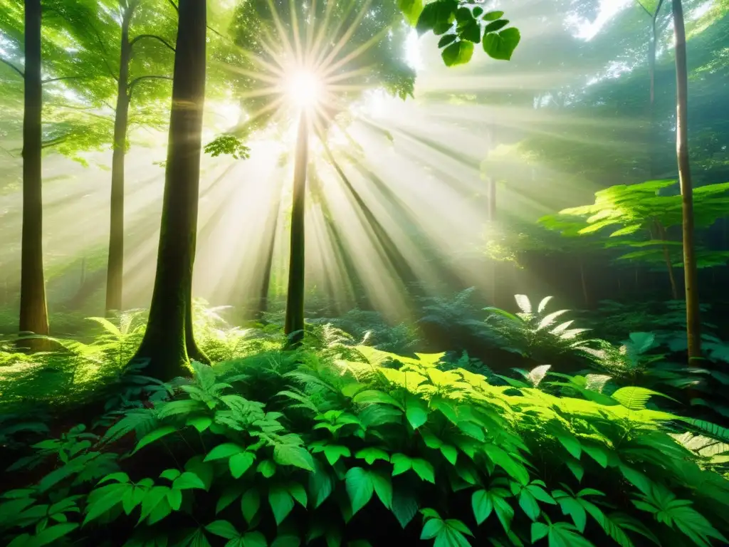 Bosque exuberante: luz y vida en la naturaleza Un bosque exuberante con luz solar filtrándose a través del dosel, destacando la exuberante vegetación