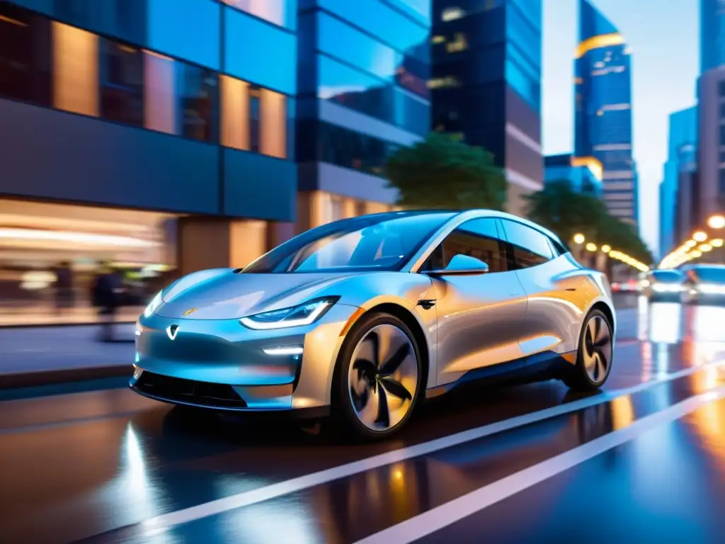 Coche eléctrico 8k en ciudad futurista Brillante auto eléctrico recorriendo la ciudad, reflejando modernidad y energía urbana