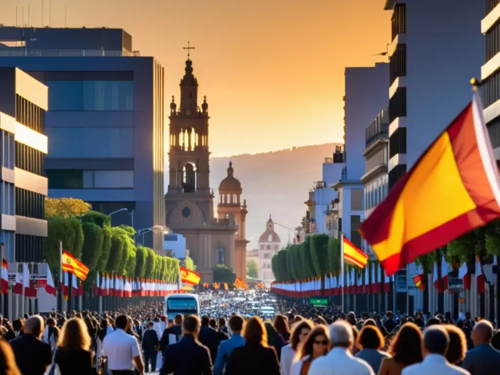 Escena urbana: profesionales discutiendo leyes fiscales en España Una bulliciosa calle de una ciudad española al atardecer, con modernos edificios y gente
