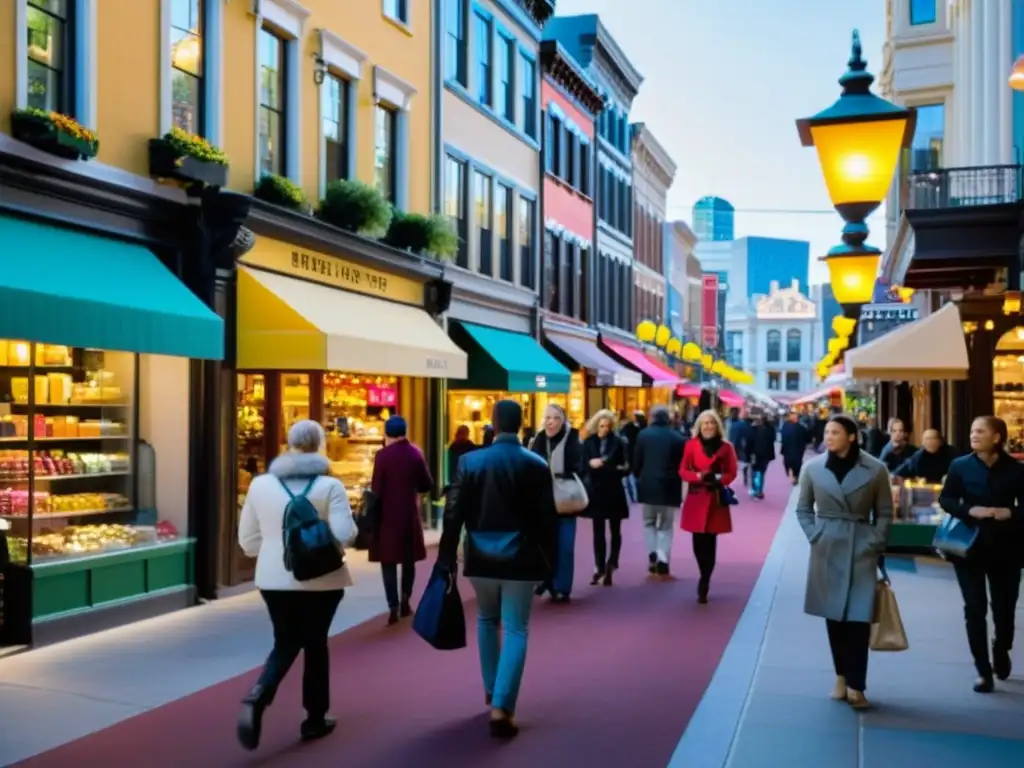 Vibrante escena urbana llena de energía y color Una bulliciosa calle de la ciudad llena de pequeñas tiendas minoristas, con letreros coloridos y clientes
