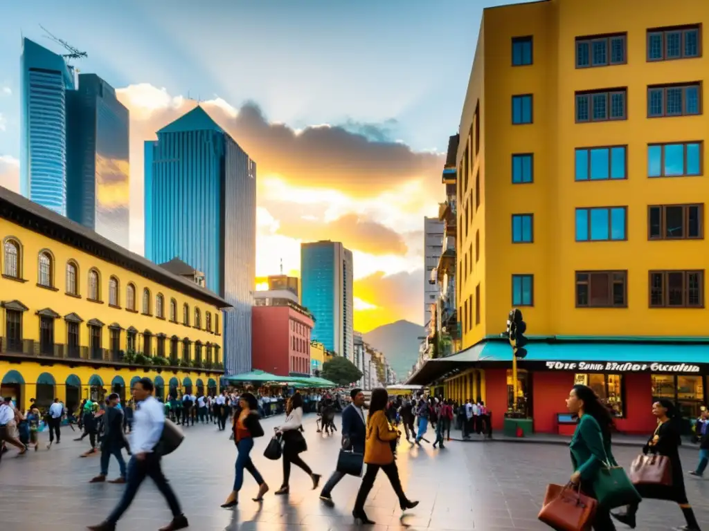 Atardecer vibrante en el bullicio de Bogotá Una bulliciosa calle en Bogotá, Colombia, llena de rascacielos modernos y murales coloridos