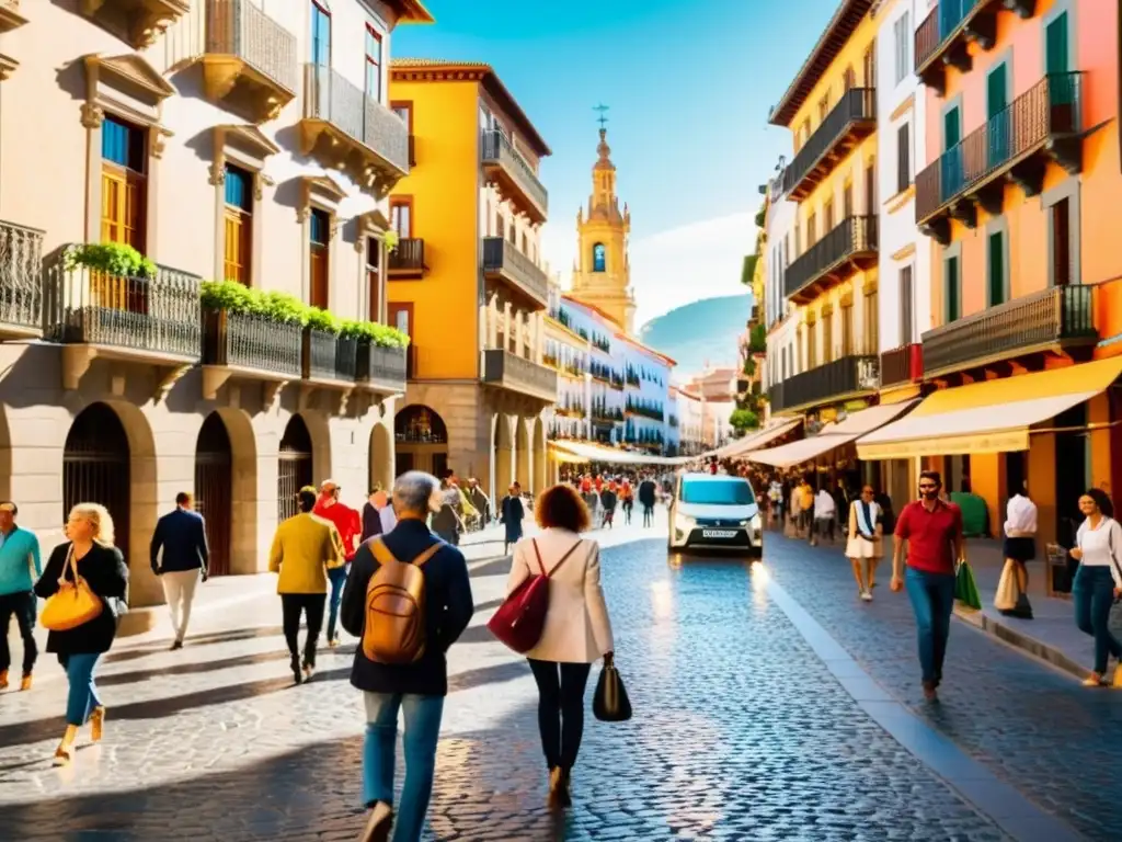 Vida multicultural en las calles de una ciudad española Una bulliciosa calle en una vibrante ciudad española, con gente diversa y edificios coloridos