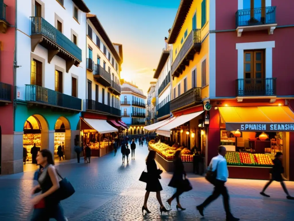 Vida urbana vibrante en España: calles llenas de energía y color La bulliciosa vida urbana en España, con una mezcla de arquitectura tradicional y moderna