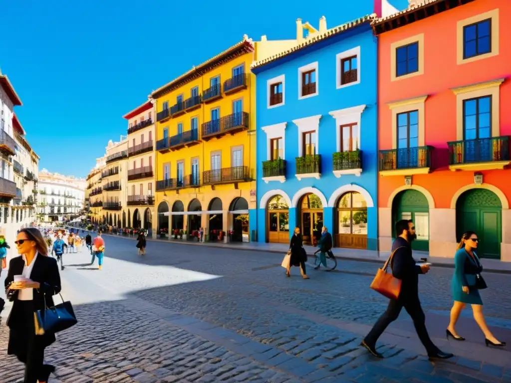 Vida urbana en una animada calle española Un bullicioso día en una soleada calle de una ciudad española, con edificios coloridos y un vibrante cielo azul