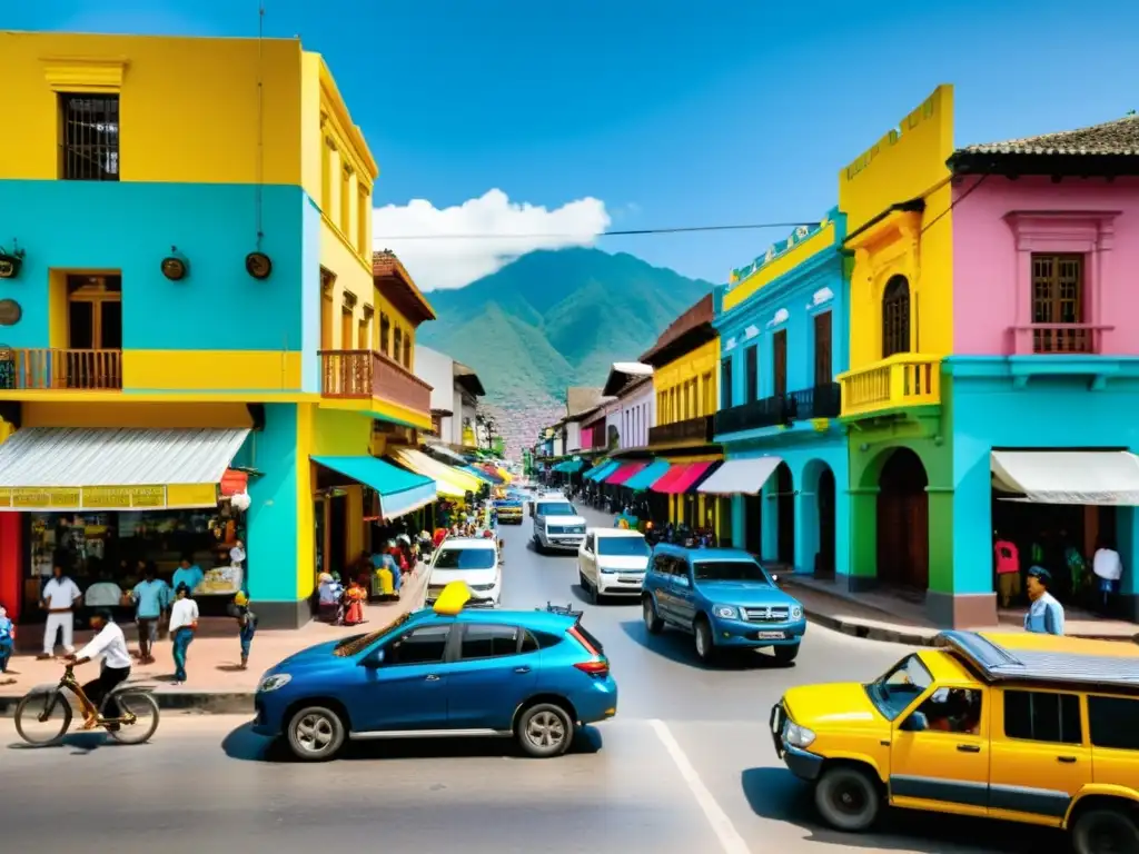 Vida urbana en Colombia: impacto de impuestos locales en la economía Un bullicioso paisaje urbano en Colombia con edificios coloridos y vendedores callejeros, reflejando la economía local y la fiscalidad en Colombia