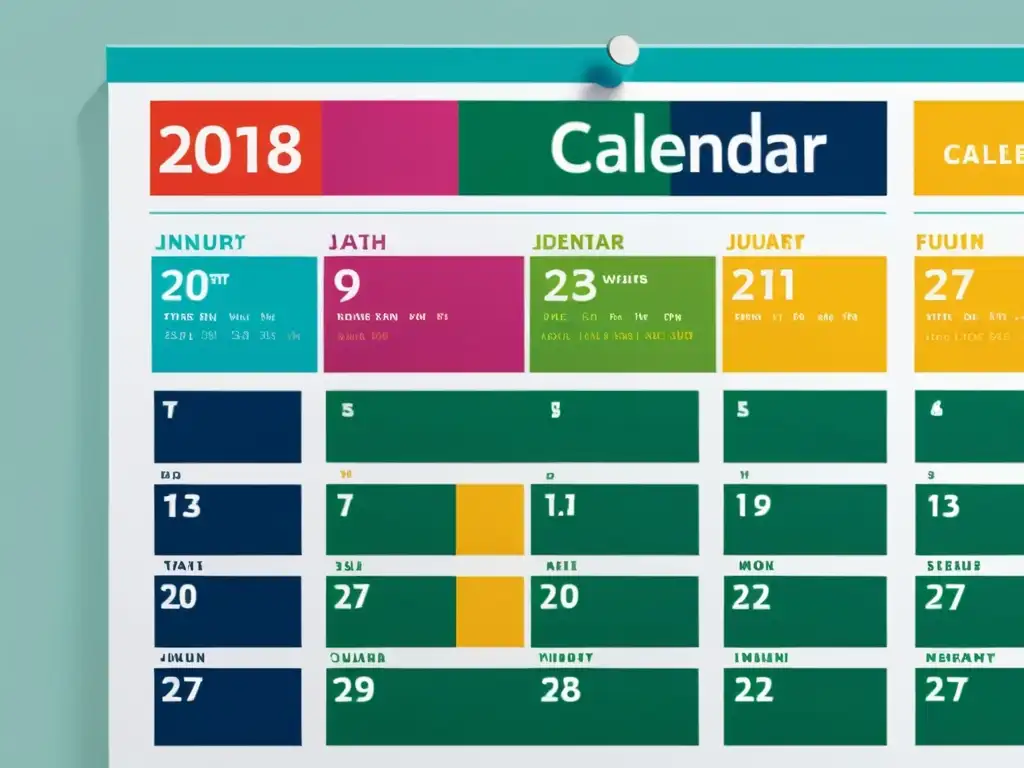 Calendario moderno con fechas de impuestos en Colombia Un calendario moderno y detallado con colores vibrantes y texto fácil de leer