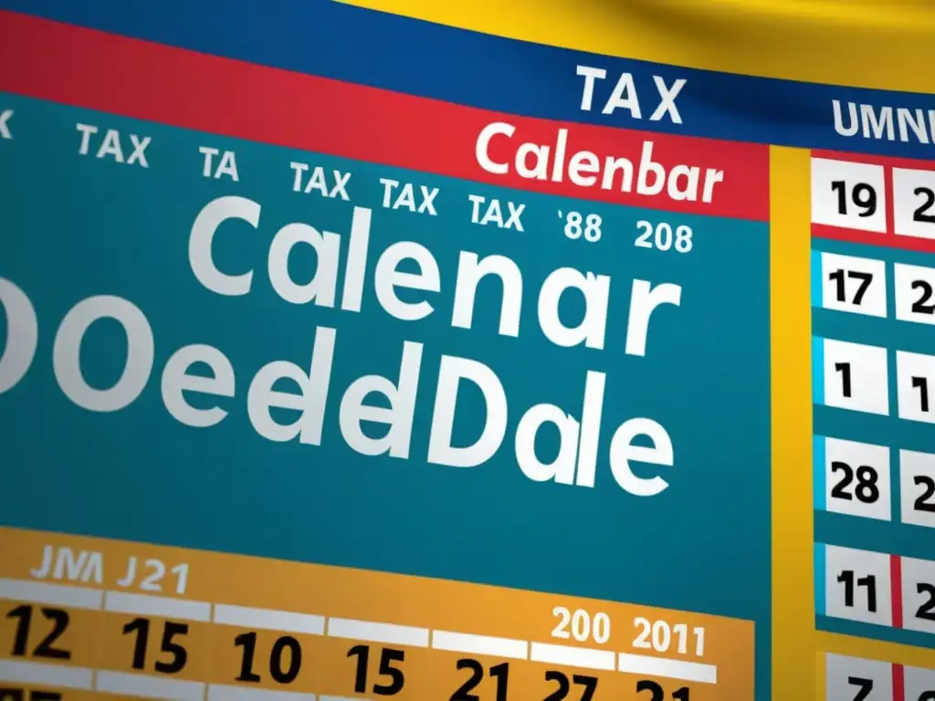 Calendario de impuestos en Colombia: fechas clave en 8k Calendario tributario Colombia con fechas clave resaltadas en colores vibrantes sobre fondo de bandera colombiana
