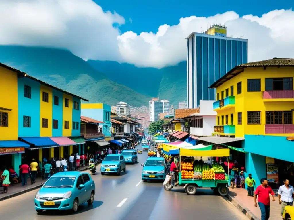 Vida urbana en Colombia: mezcla de tradición y modernidad Una calle bulliciosa en una ciudad colombiana, con edificios coloridos y gente realizando sus actividades diarias