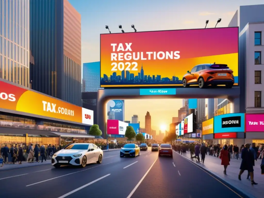 Regulaciones fiscales 2023: Ciudad en movimiento al atardecer Una calle bulliciosa llena de gente y autos, con vallas publicitarias mostrando las nuevas normativas tributarias 2023
