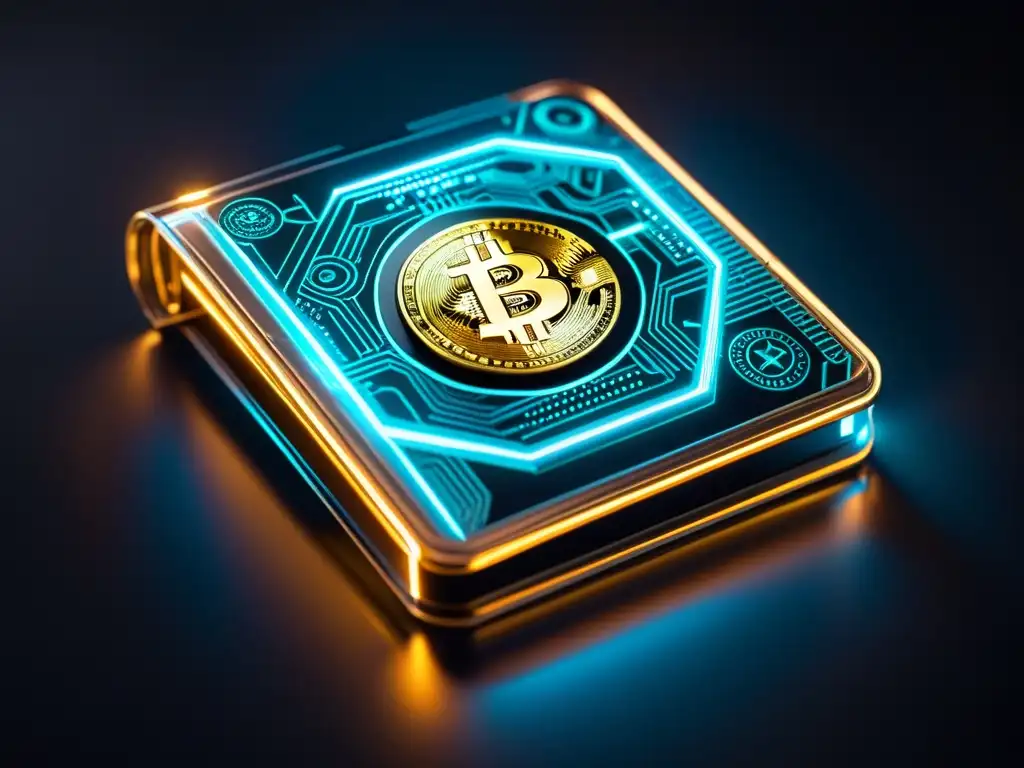 Monedero criptográfico futurista con circuitos brillantes Una cartera de criptomonedas futurista y transparente con circuitos intrincados y símbolos de moneda digital brillante