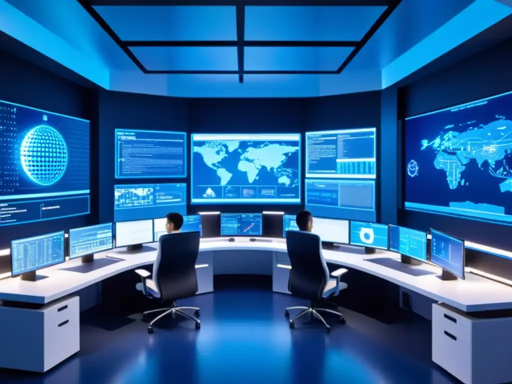 Centro de ciberseguridad futurista: protección avanzada en acción Un centro de ciberseguridad futurista con profesionales analizando datos en pantallas, iluminado en azul