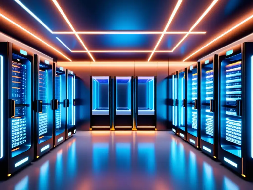 Centro de Datos Futurista para Ecommerce: Tecnología y Eficiencia Centro de datos futurista con protección de datos en ecommerce, estructuras metálicas y acentos de neón