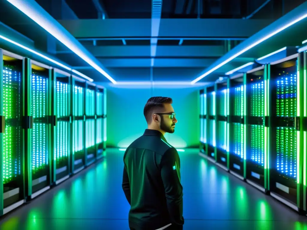 Centro de datos futurista con servidores brillantes y expertos en acción Un centro de datos futurista y seguro con servidores alineados y luces brillantes, para el mejor software gestión tributaria confidencialidad
