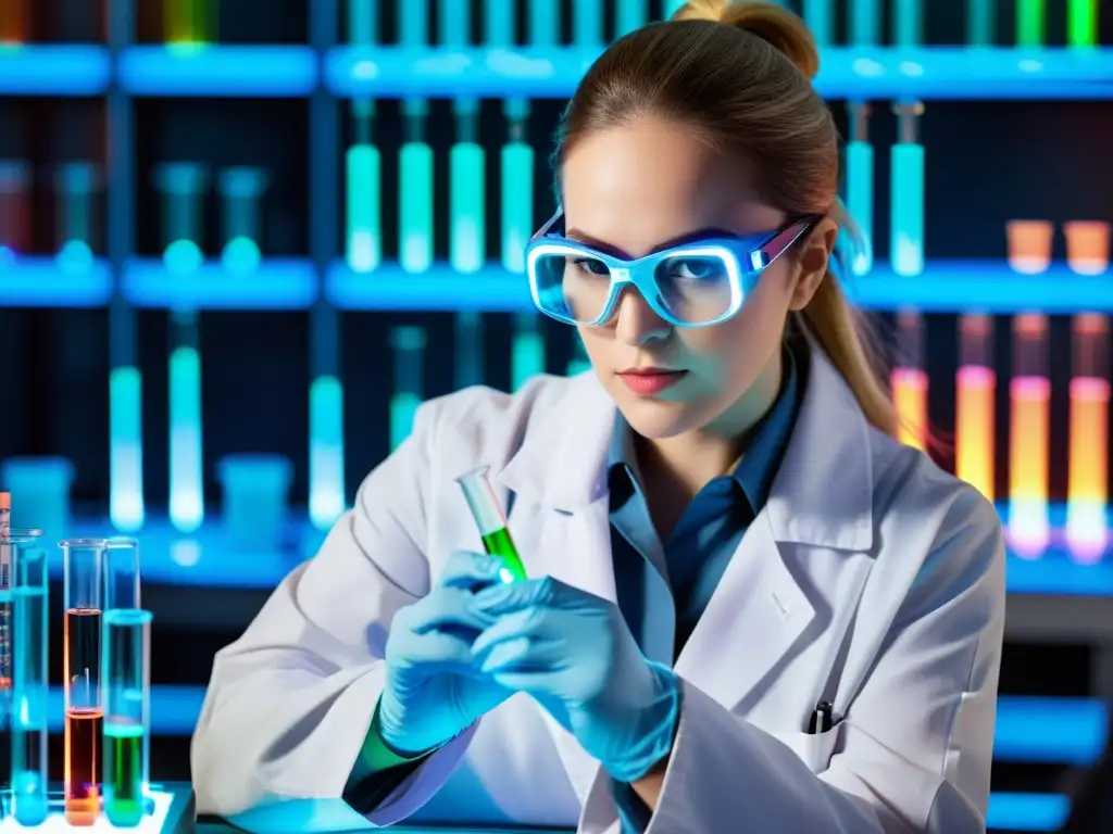 Investigación innovadora: Científico en laboratorio de alta tecnología Un científico en un laboratorio moderno pipetea líquido brillante en un tubo de ensayo