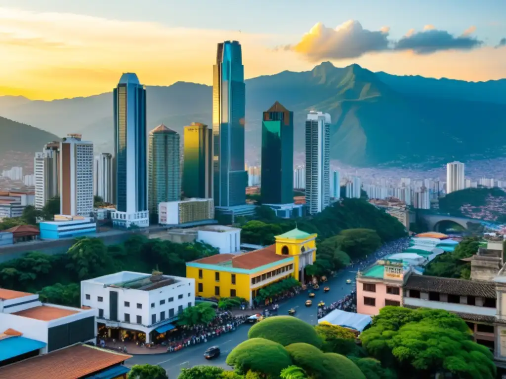 Horizonte dorado de la ciudad colombiana: tradición y modernidad Una ciudad colombiana con rascacielos modernos y monumentos históricos, rodeada de montañas verdes al atardecer