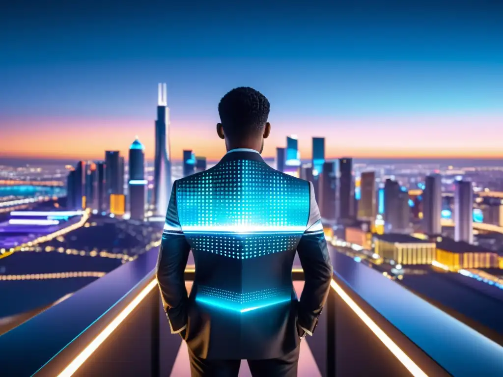 Hologramas y análisis fiscal en la ciudad del futuro Una ciudad futurista iluminada de noche con edificios modernos y pantallas holográficas