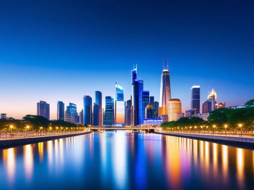 Horizonte nocturno: Ciudad futurista y vibrante Una ciudad futurista iluminada de noche, con rascacielos relucientes y un río sereno