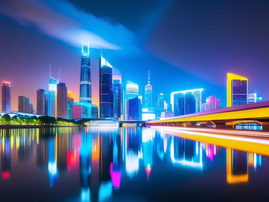 Metrópolis futurista: luces neón y energía dinámica Una ciudad futurista y ultramoderna iluminada por luces de neón vibrantes, reflejándose en las tranquilas aguas de un río