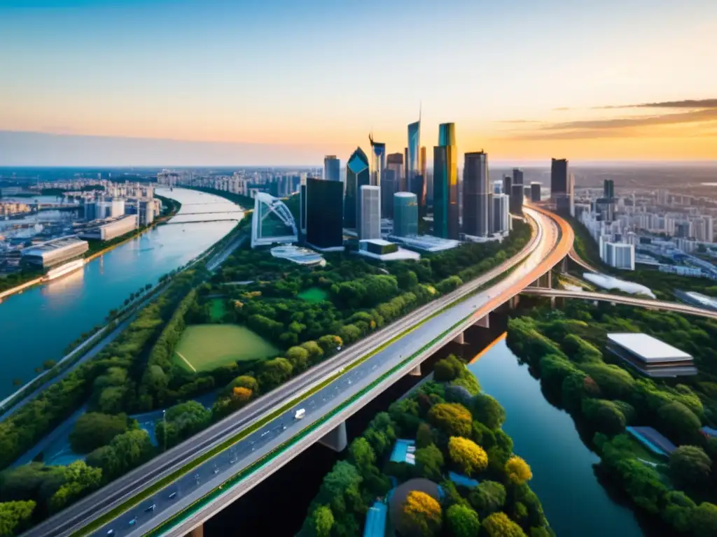Horizonte urbano al atardecer: prosperidad y modernidad Una ciudad moderna al atardecer, con rascacielos relucientes reflejando la luz dorada y autopistas llenas de tráfico