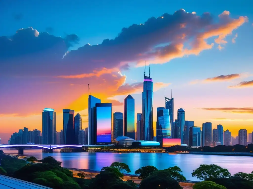 Horizonte urbano digital en atardecer Una ciudad moderna iluminada por luces de neon y pantallas digitales, reflejando la innovación de la economía digital