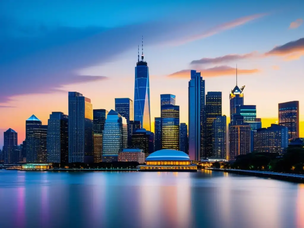 Horizonte urbano iluminado: ciudad moderna junto a aguas serenas Una ciudad moderna iluminada por luces vibrantes contrasta con aguas serenas al anochecer