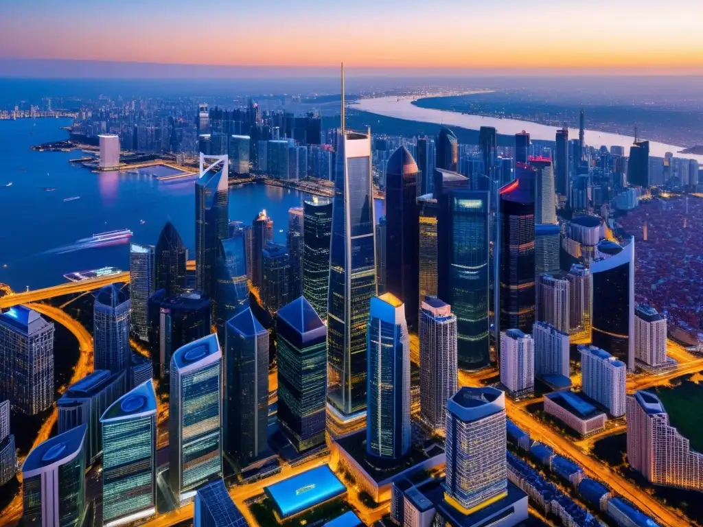 Horizonte urbano al atardecer: globalidad y alianzas estratégicas Una ciudad moderna con rascacielos muestra la interconexión global