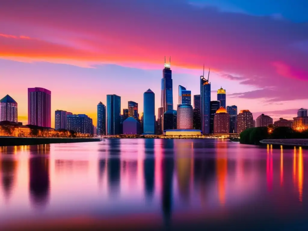 Horizonte urbano moderno al atardecer Una ciudad moderna al anochecer con rascacielos iluminados y reflejados en un río, transmitiendo sofisticación y tranquilidad