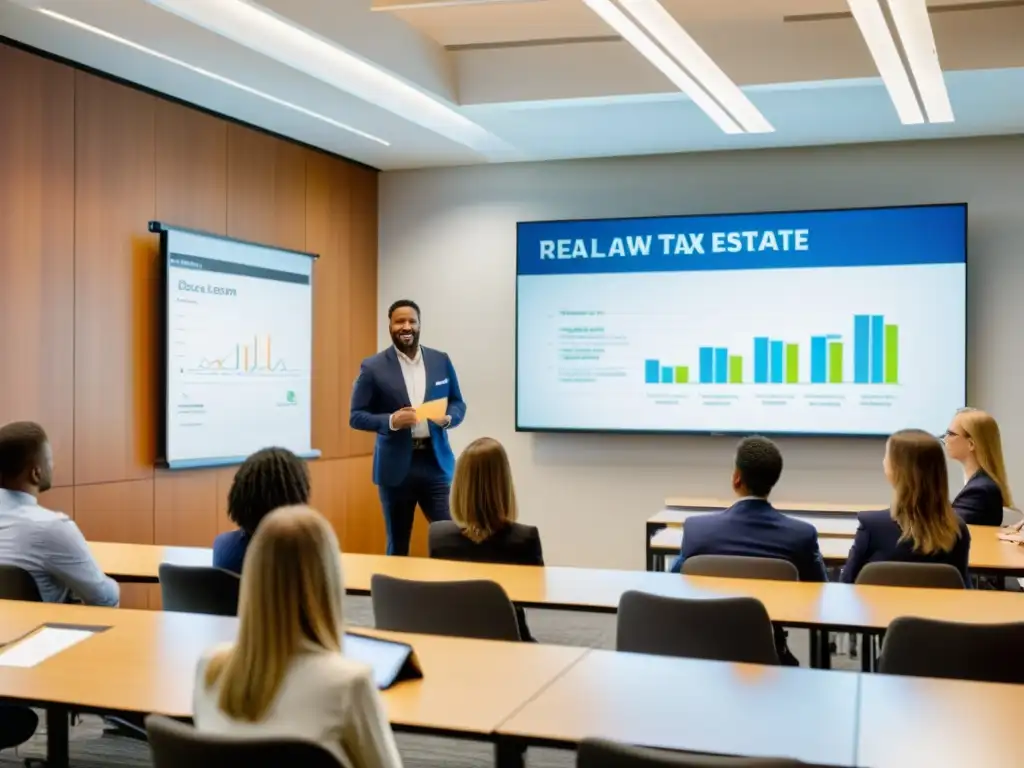 Clase dinámica de derecho tributario inmobiliario en aula moderna Clase interactiva sobre claves fiscalidad sector inmobiliario, con instructor y estudiantes comprometidos en aula moderna