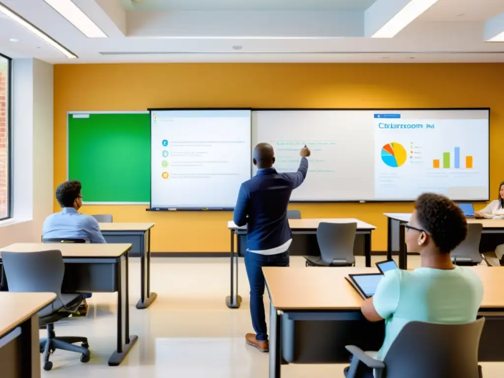 Salón de clases moderno fomenta la colaboración y el aprendizaje dinámico Clase moderna y dinámica con herramientas tradicionales y digitales