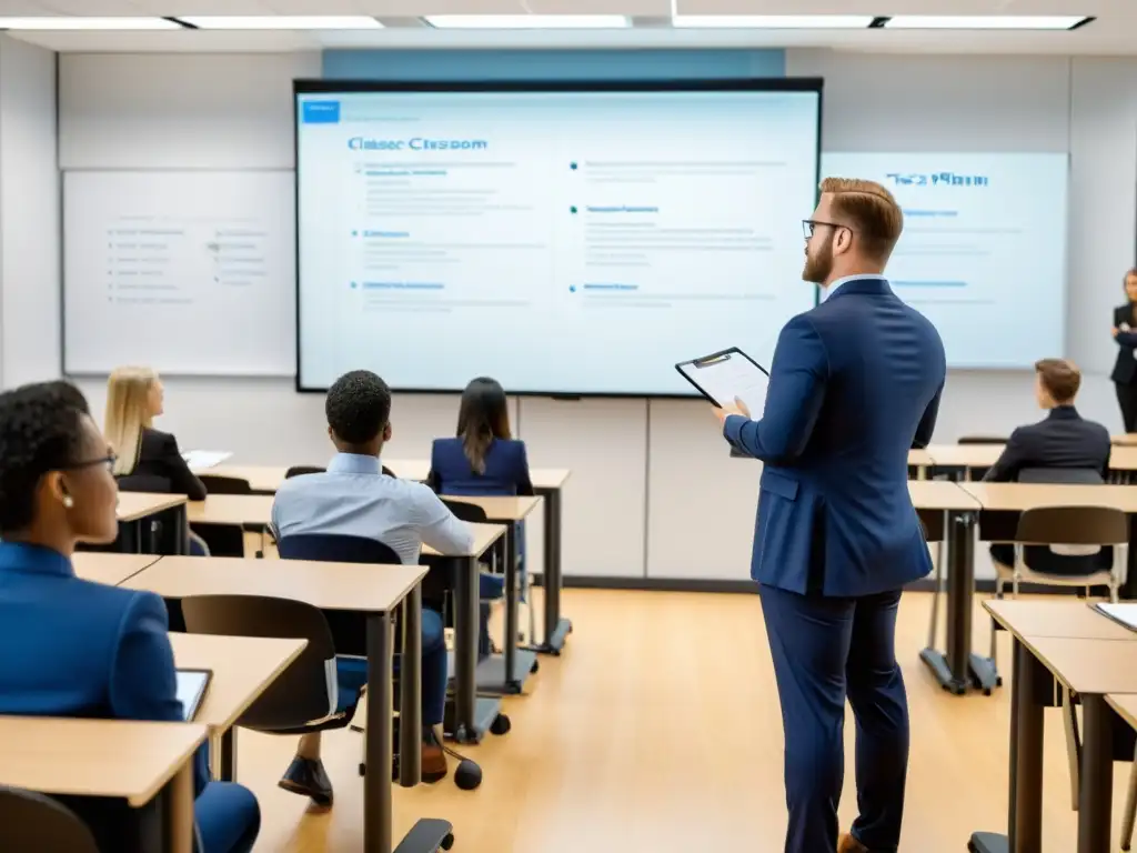 Seminario de Estrategias de Planificación Fiscal en un Aula Moderna Clase moderna sobre maximizar estrategias planificación fiscal con instructor y estudiantes atentos tomando notas