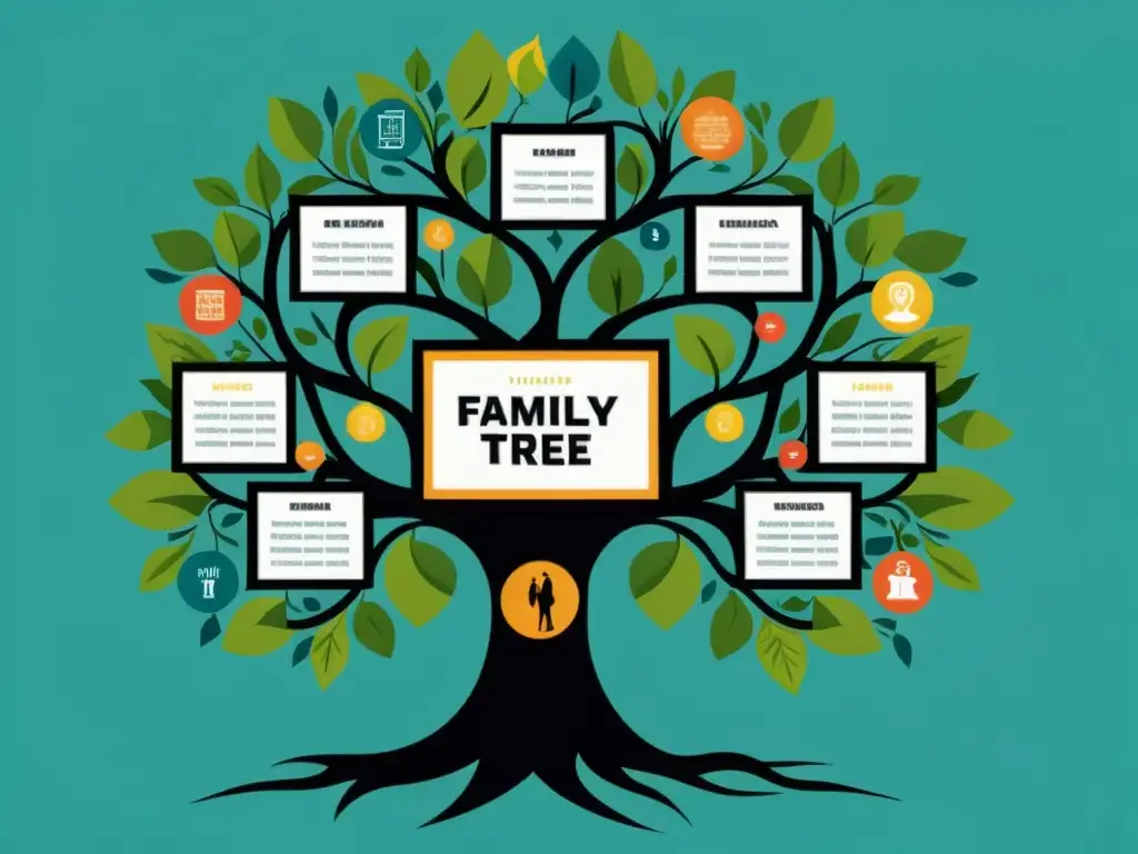Árbol genealógico moderno: legado, planificación financiera y sucesión Una colorida y detallada ilustración de un árbol genealógico moderno, con elementos personalizados y símbolos de planificación financiera y sucesoria