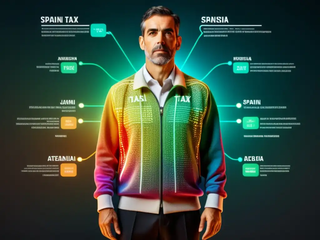 Visualización detallada y colorida del código tributario español Compleja visualización de la estructura del código tributario España, con secciones interconectadas y codificadas por colores