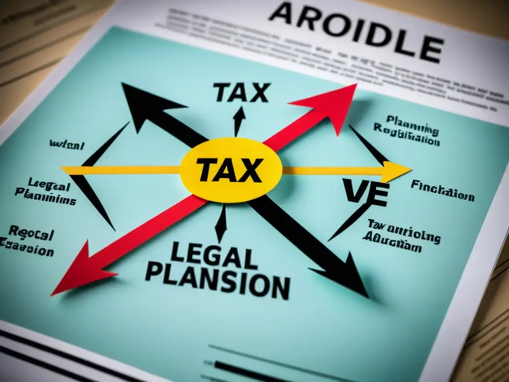 Planificación fiscal compleja: entre evasión y legalidad Compleja red de documentos financieros y regulaciones legales, ilustrando la fina línea entre evasión fiscal y elusión legal