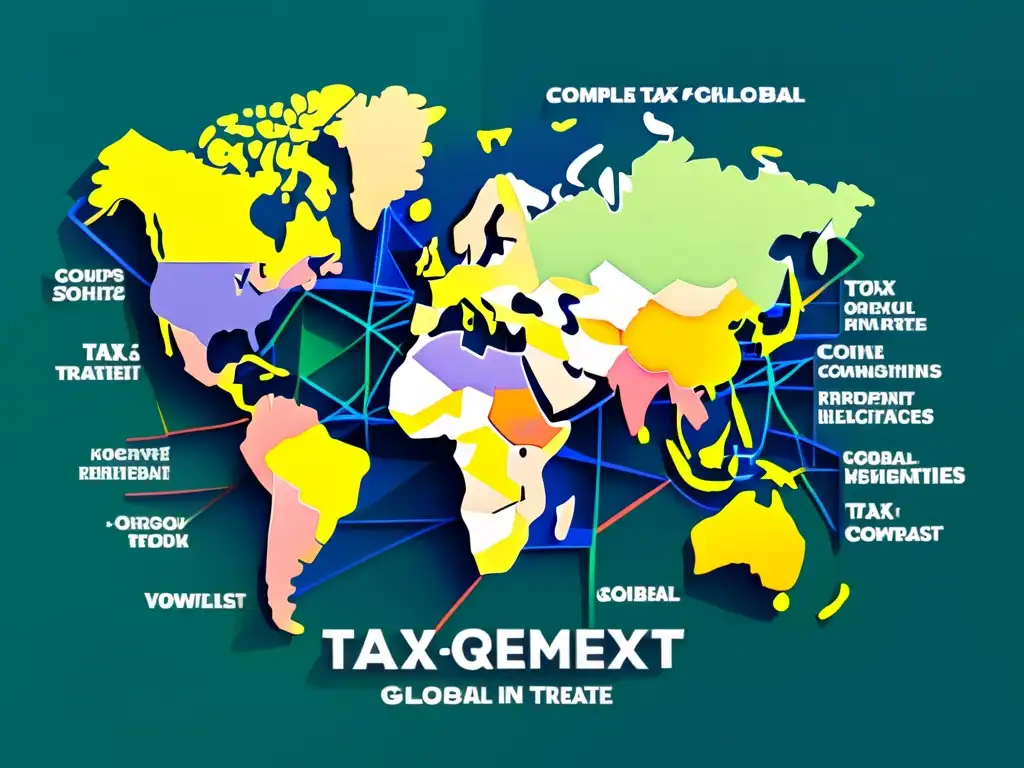 Mapa de Acuerdos Fiscales Globales: Red de Conexiones Compleja red global de acuerdos tributarios entre Colombia y Asia, con nodos interconectados y regulaciones detalladas en vibrante tipografía
