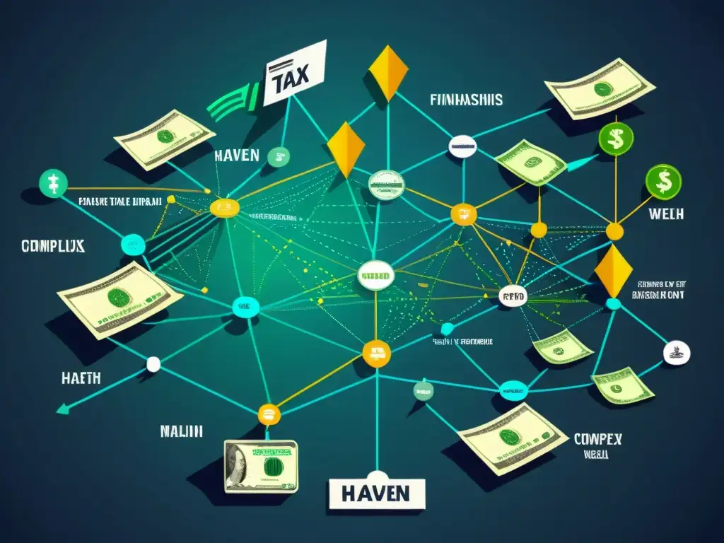 Ilustración moderna de redes financieras Compleja red de transacciones financieras en paraísos fiscales, simbolizando su opacidad