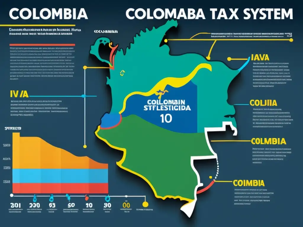 Sistema tributario de Colombia: ilustración detallada de impuestos Compleja ilustración del sistema tributario colombiano con colores vibrantes y gráficos detallados