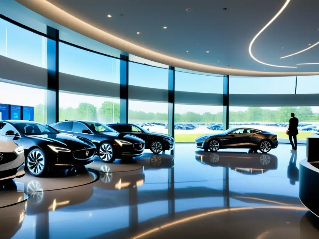 Concesionario de autos moderno: elegancia y profesionalismo Una concesionaria moderna y elegante con vehículos relucientes en exhibición, iluminada por la luz del sol