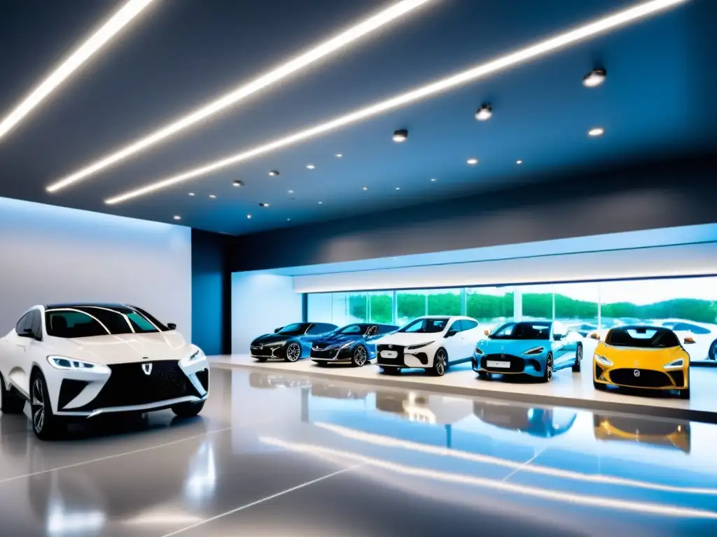 Concesionario de autos moderno: diseño elegante y tecnología punta Concesionario de coches moderno con vehículos bajo luces futuristas