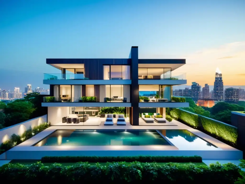 Condominio de lujo con skyline urbano vibrante Condominio moderno y lujoso con terraza verde y piscina, en contraste con el vibrante horizonte urbano
