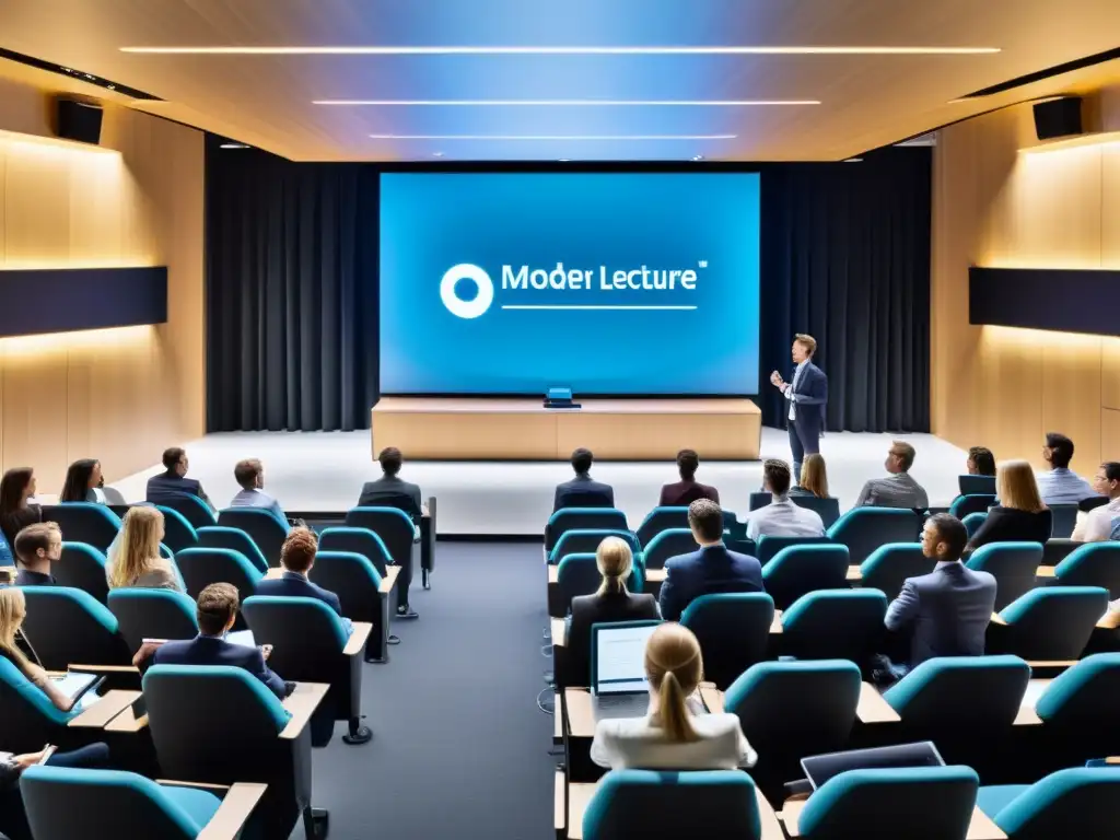 Sala de conferencias moderna con presentación interactiva sobre impuestos Conferencia moderna sobre la importancia de las columnas fiscales, con profesionales y estudiantes interactuando en un ambiente educativo y colaborativo