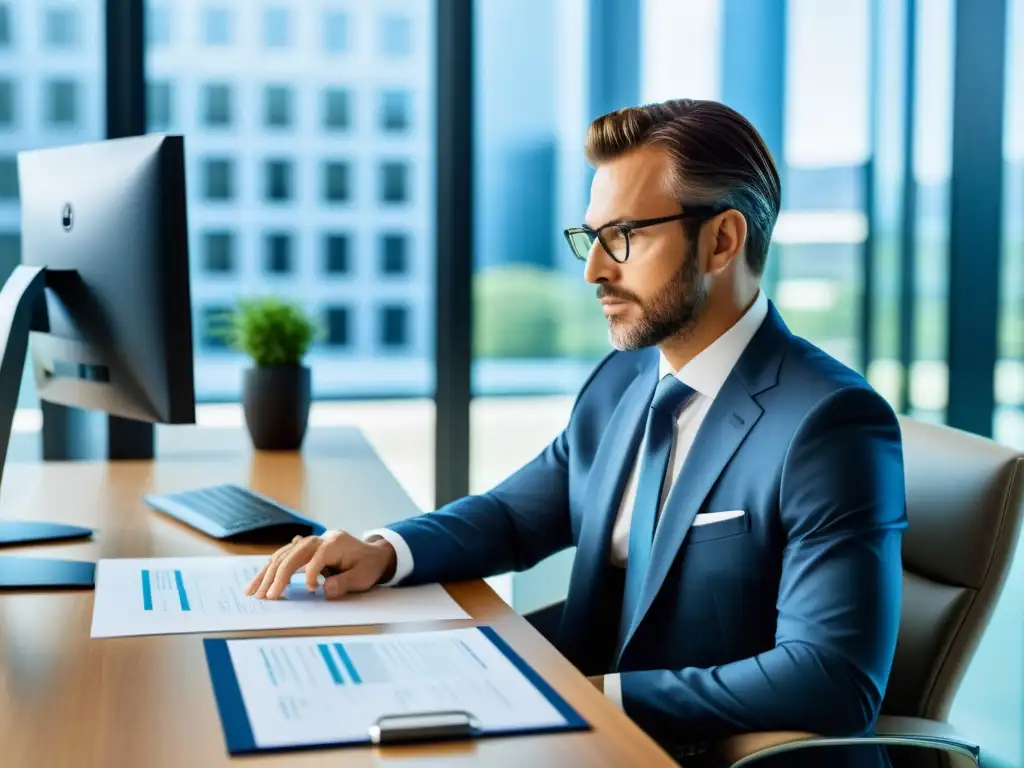 Consultor fiscal experto en moderna oficina Consultor fiscal revisando documentos financieros en software actualizado, en una oficina moderna