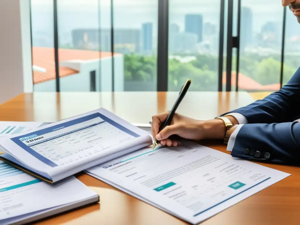 Consultor fiscal en acción: estrategias modernas Un consultor fiscal revisa estrategias legales de planificación fiscal en una oficina moderna, rodeado de documentos y gráficos financieros