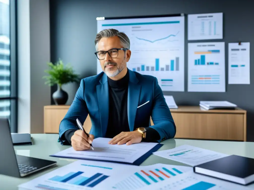 Consultor fiscal experto en planificación patrimonial Un consultor fiscal experto en planificación sucesoria conversa con un cliente en una moderna oficina llena de informes financieros y gráficos