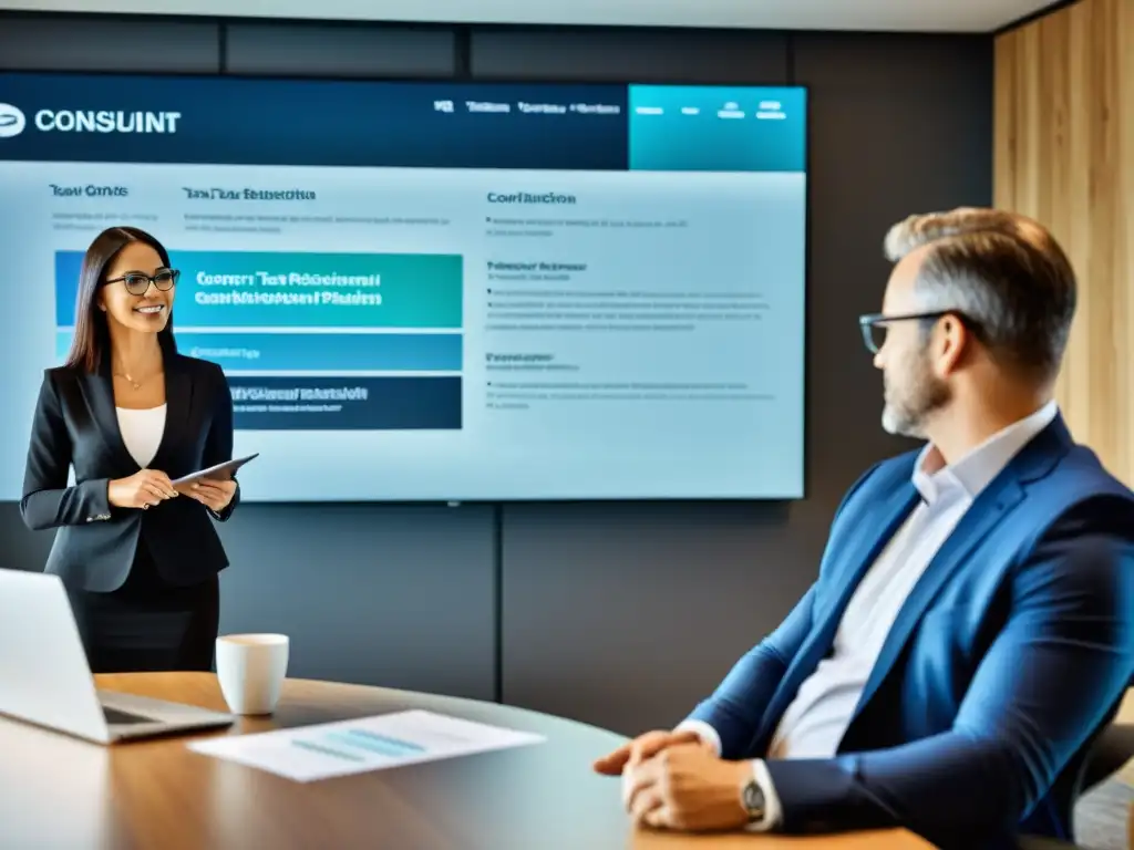 Consultor fiscal dirige estrategias con clientes Un consultor fiscal profesional trabaja con clientes en una oficina moderna y luminosa, optimización fiscal para negocios
