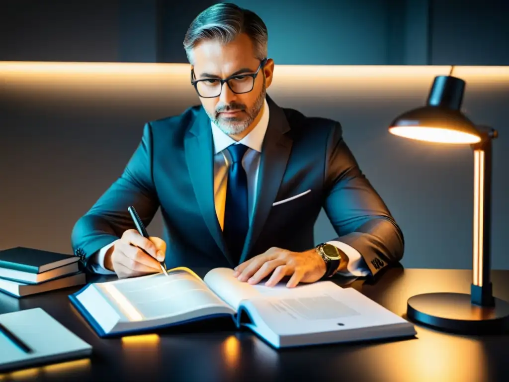 Consultor fiscal moderno revisando publicaciones con profesionalismo Un consultor fiscal revisa publicaciones indispensables de derecho fiscal en un elegante escritorio moderno