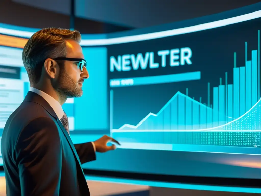 Consultor fiscal interactivo en holograma futurista Un consultor profesional accede a boletines electrónicos de consultoría tributaria en un entorno futurista y vibrante