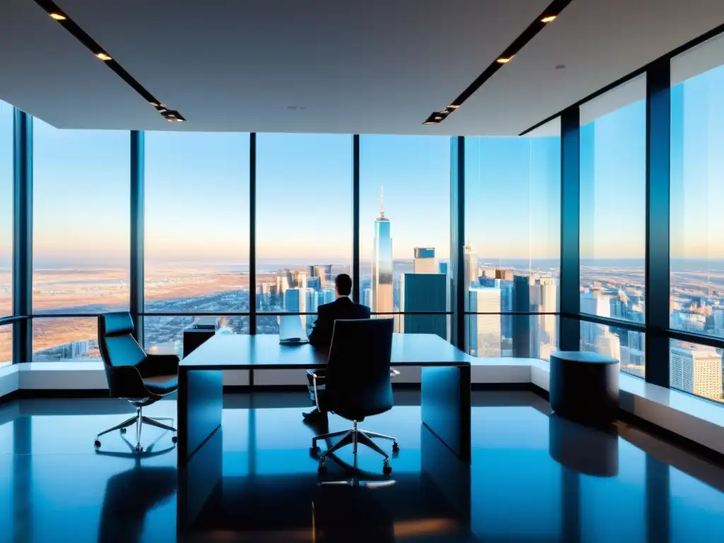 Consultor financiero' - Sala de reuniones de lujo con vista a la ciudad Consultor presenta planificación tributaria patrimonios paraísos fiscales en oficina moderna con vista panorámica