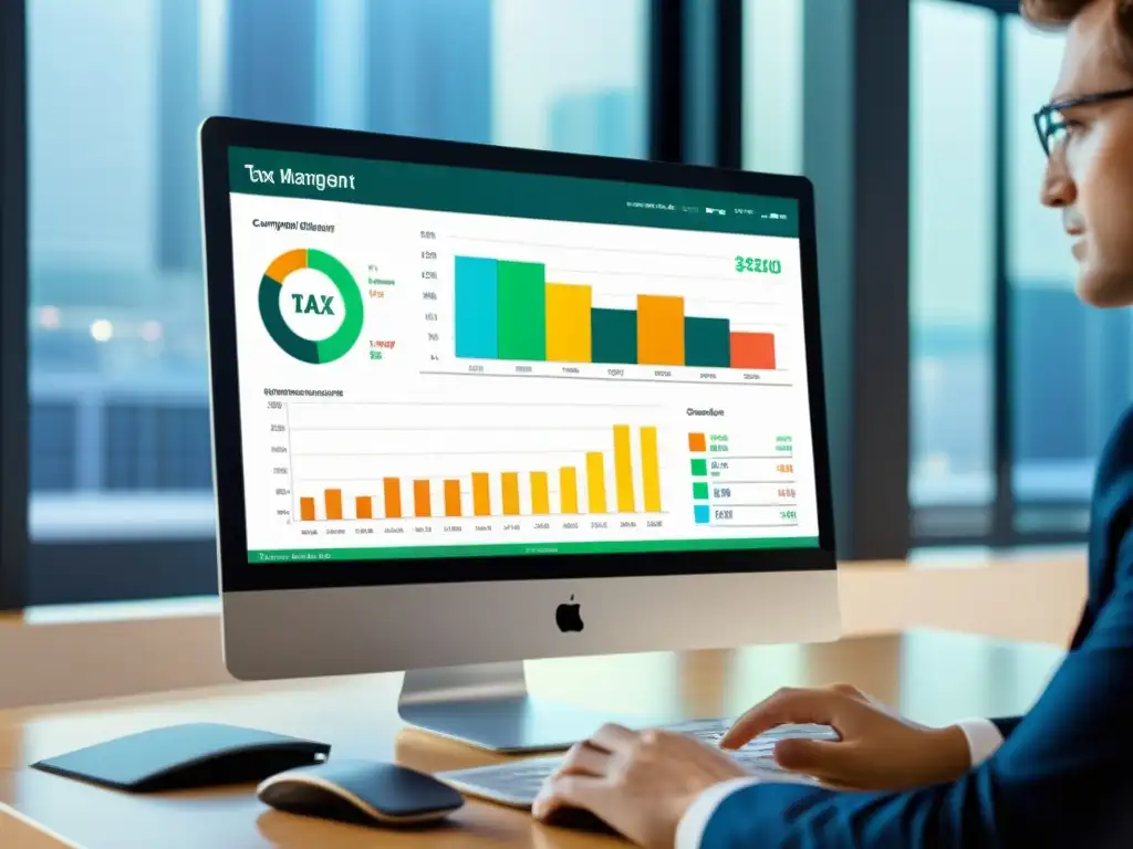 Software de gestión fiscal: eficiencia y profesionalidad Un consultor tributario analiza datos en una interfaz moderna de herramientas de gestión tributaria para auditorías internas, con gráficos y datos coloridos