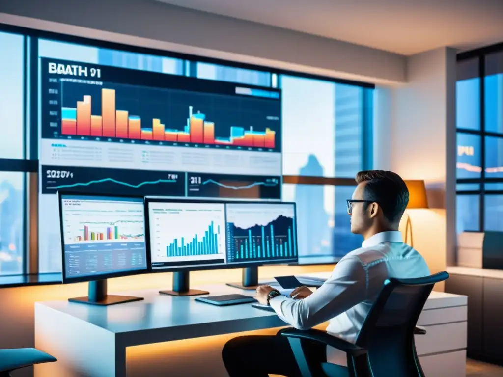 Consultor fiscal analizando datos con innovación Un consultor tributario en un moderno despacho, analizando boletines electrónicos