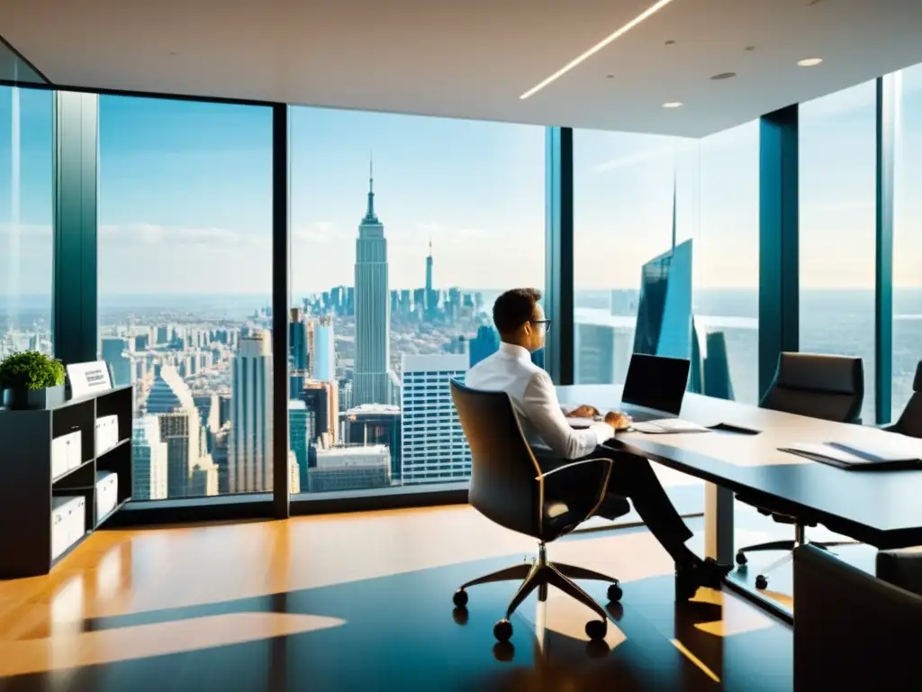 Consultor fiscal en oficina moderna: estrategias de reducción de impuestos Consultora revisando documentos fiscales en oficina moderna con vista panorámica a la ciudad